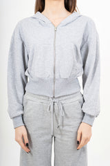 modella indossando Giacca felpa over con cappuccio e zip colore Grigio Unica