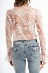 modella indossando Maglia in microrete elastica con stampa floreale effetto pizzo colore