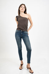Top monospalla in cotone elasticizzato con rouge.