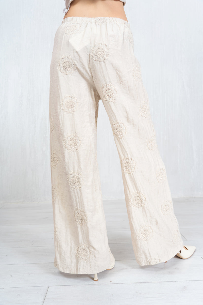 Pantalone ricamato in lino e viscosa