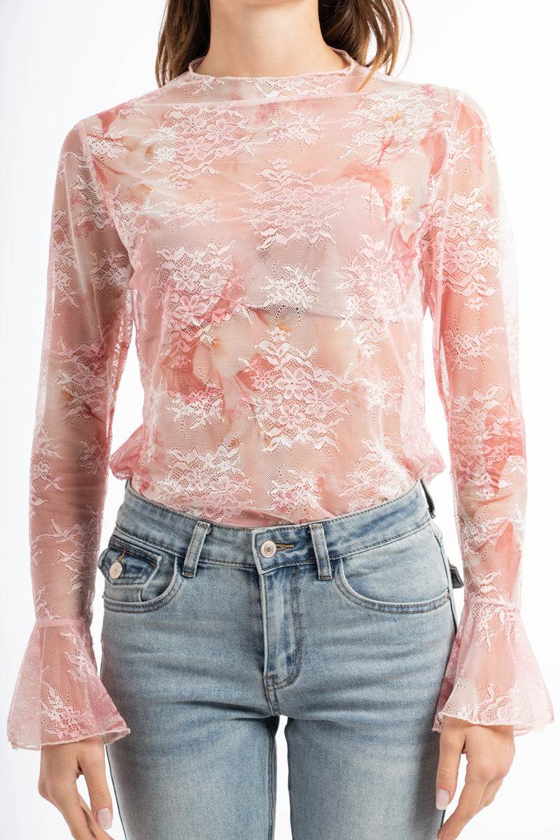 modella indossando Maglia in microrete elastica con stampa floreale effetto pizzo colore Rosa Unica