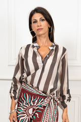 Camicia Collo Coreana in Tencel a Righe Multicolor