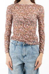 modella indossando Maglia in pizzo elasticizzato trasparente a fiori manica lunga colore Marrone Unica