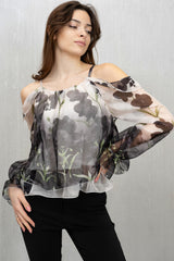 Blusa in chiffon floreale con fodera in viscosa Nera