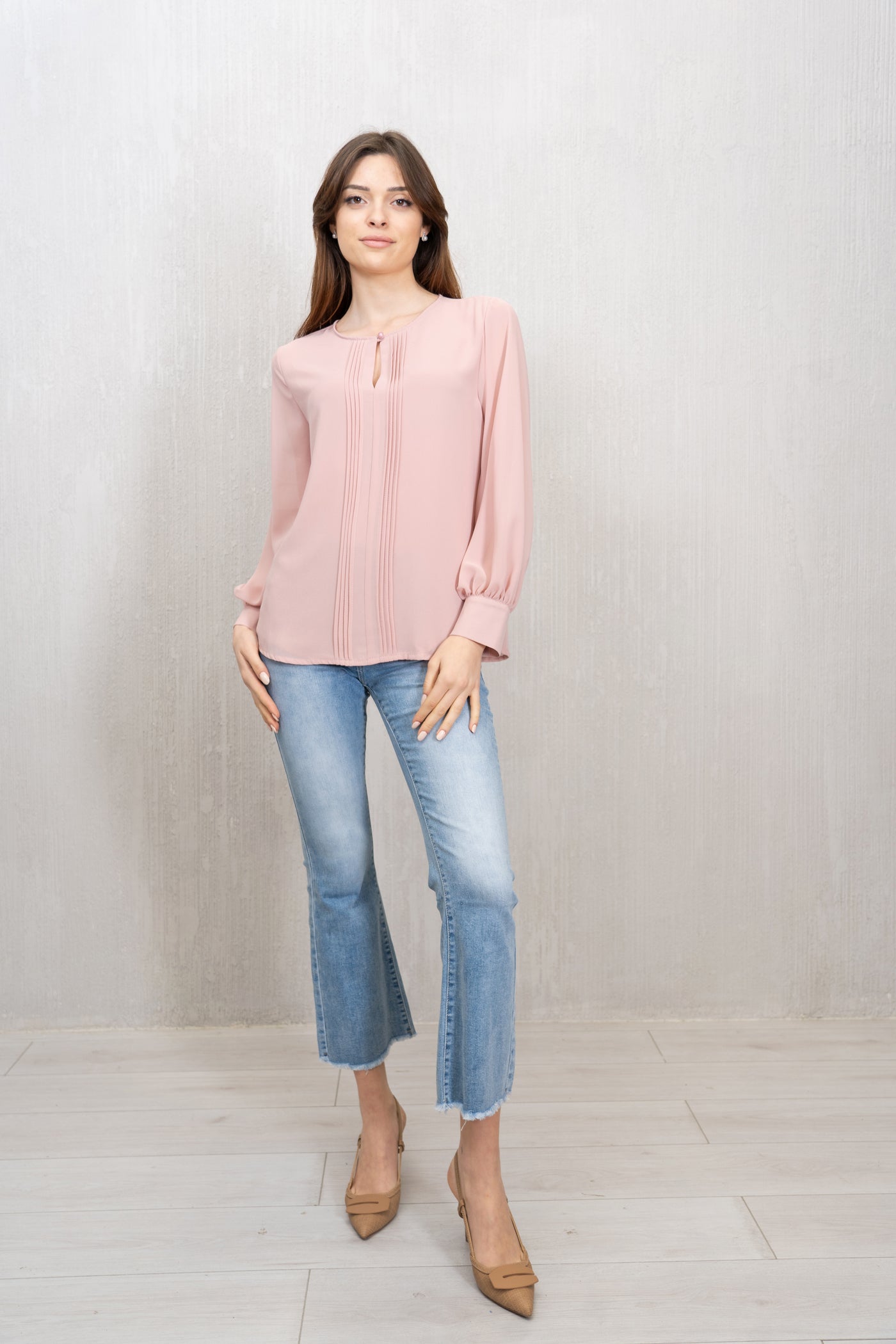 Blusa in georgette con pieghe frontali – Rosa Cipria