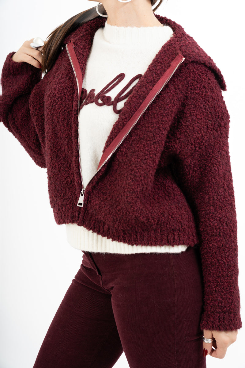 Giacca corta in filato bouclé con colletto e zip metallica