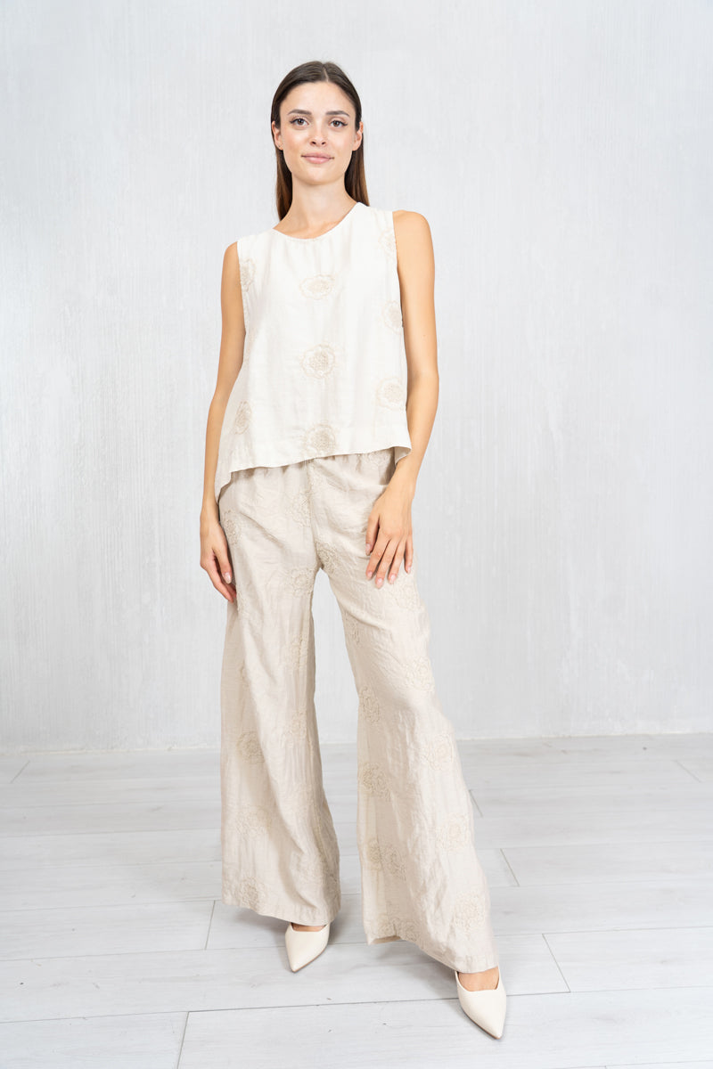 Pantalone ricamato in lino e viscosa