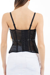 modella indossando Bustier nero in microrete elasticizzata con coppe e stecche colore