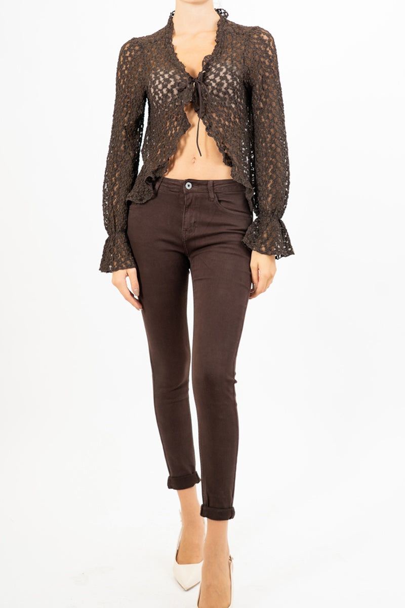 Cardigan goffrato con fiocco e maniche svasate