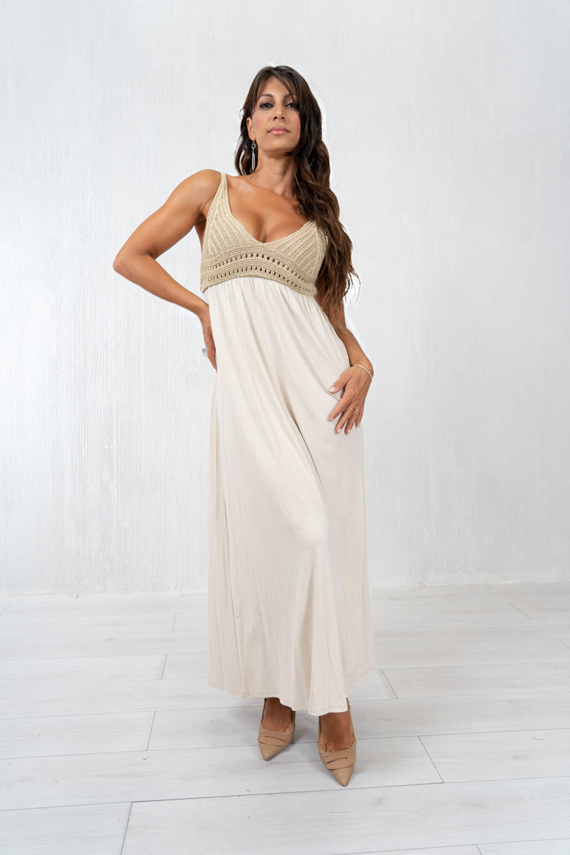 Abito lungo Golden Weave con corpetto in lurex