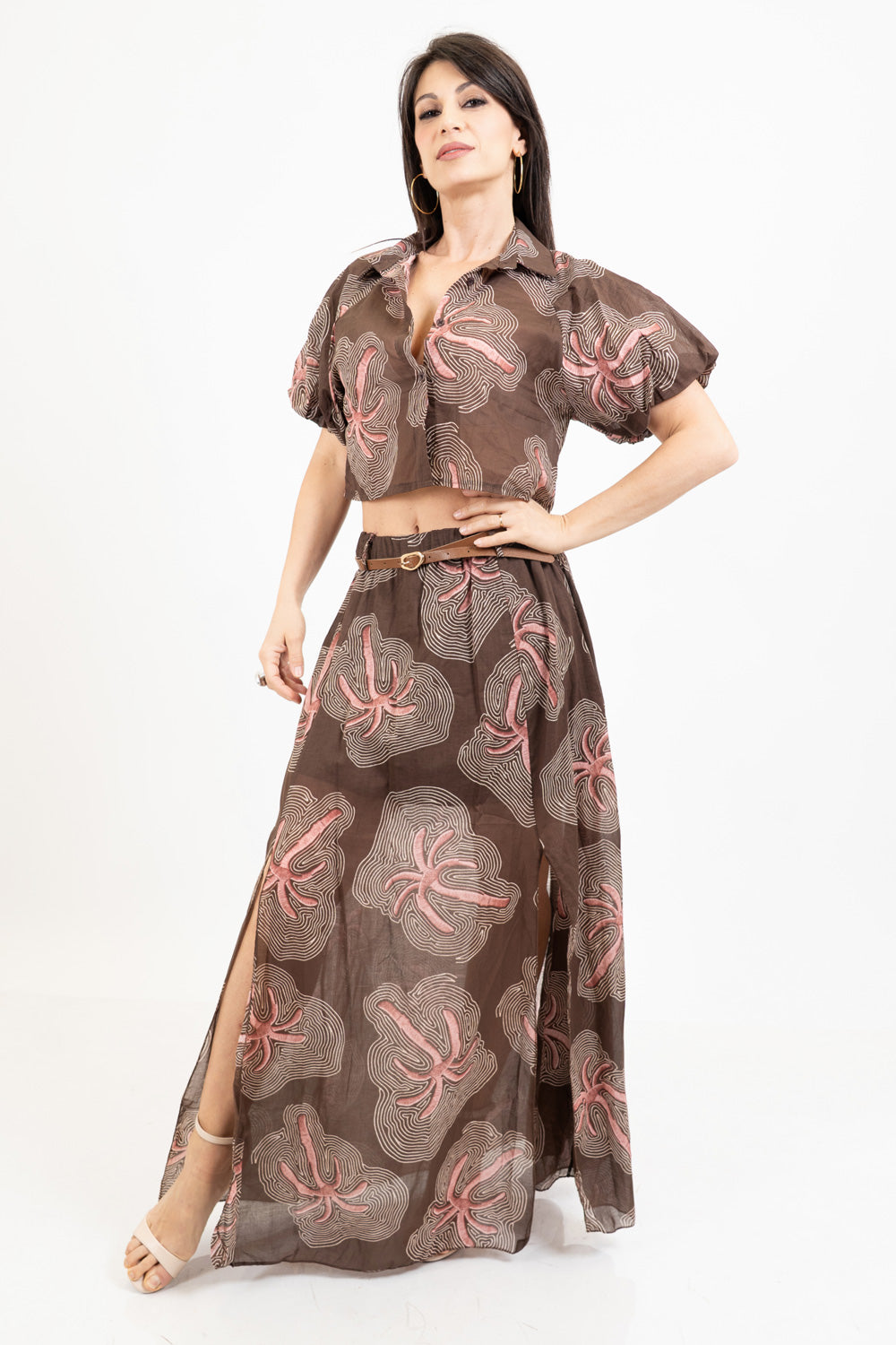 Camicia crop fantasia Jungle Wave con manica palloncino.