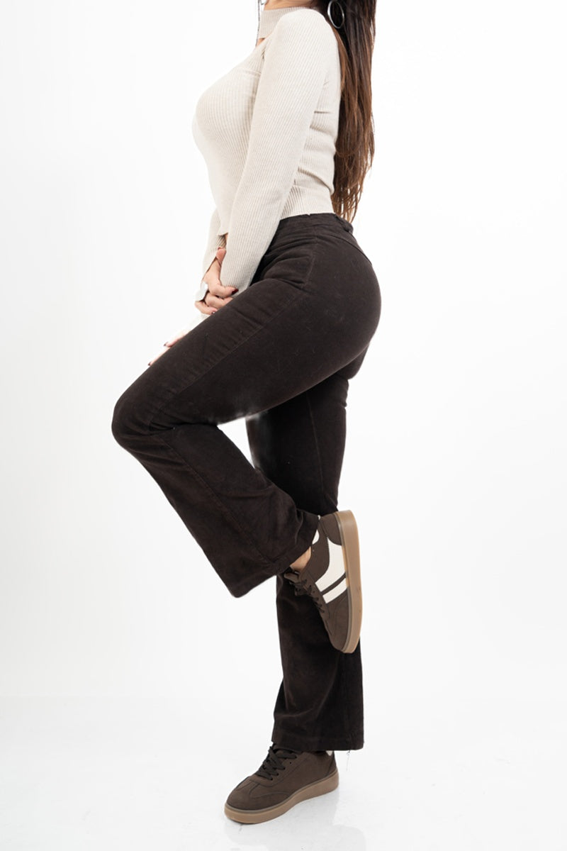 Pantalone a Coste a Zampa in Cotone – Marrone