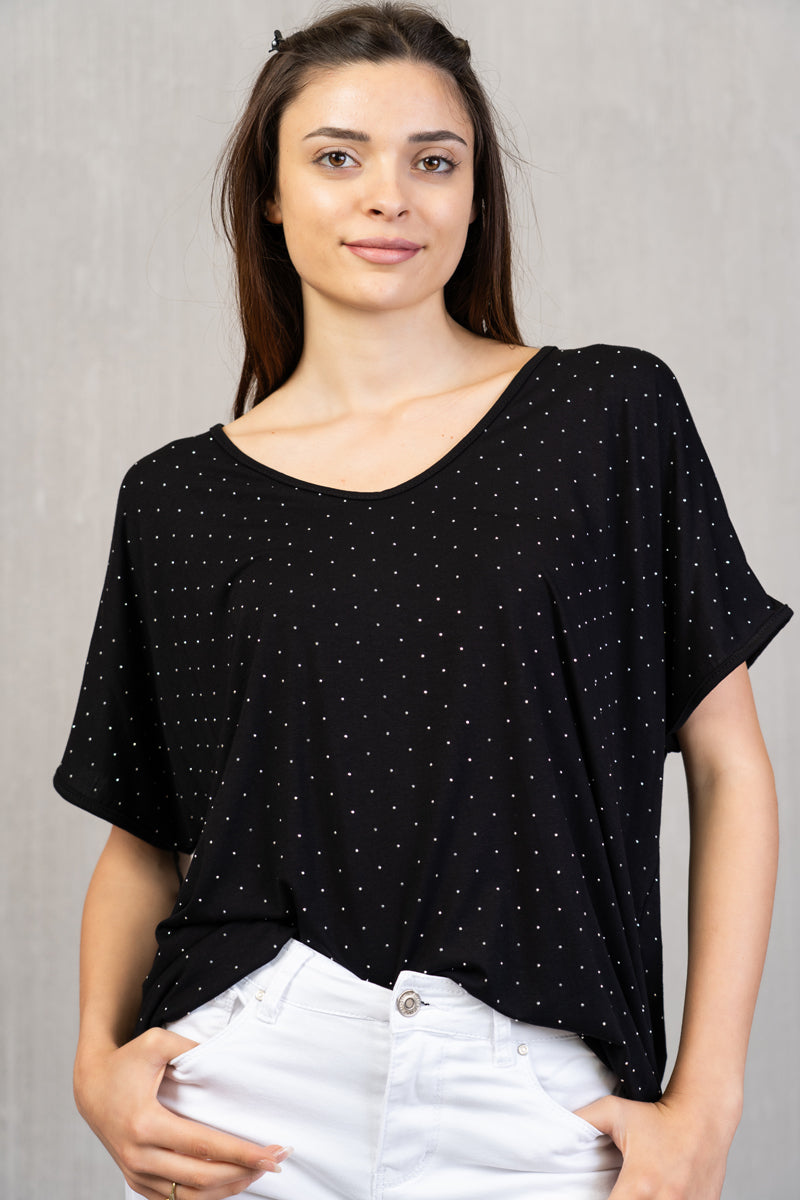 Maglia in viscosa con scollo a V e strass