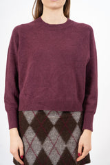 modella indossando Maglia basic a manica raglan in filato misto viscosa colore Prugna Unica