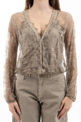 modella indossando Cardigan in pizzo floreale trasparente con scollo V colore Fango Unica