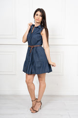 Abito chemisier midi in chambray gessato con cintura