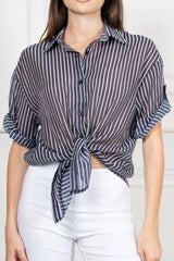 Camicia rigata in lyocell leggera con manica risvoltata