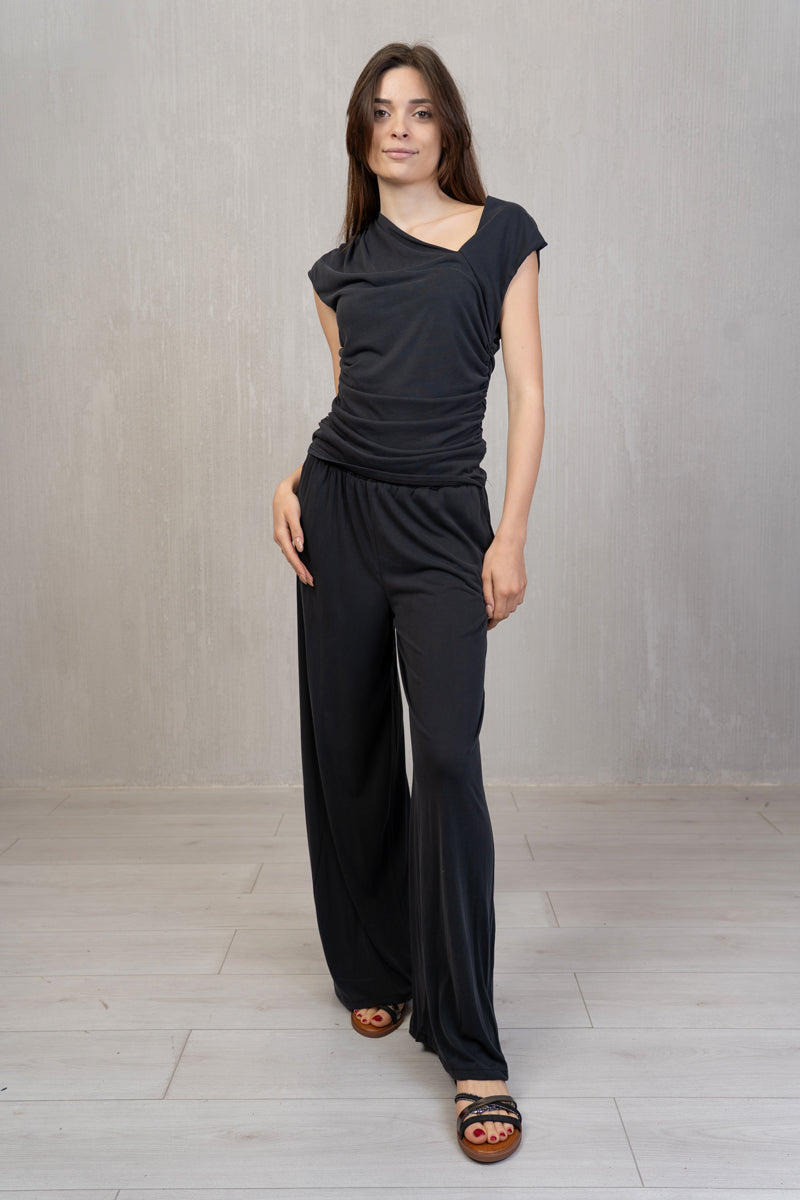 Maglia Asimmetrica Drappeggiata con Scollo a V in Viscosa