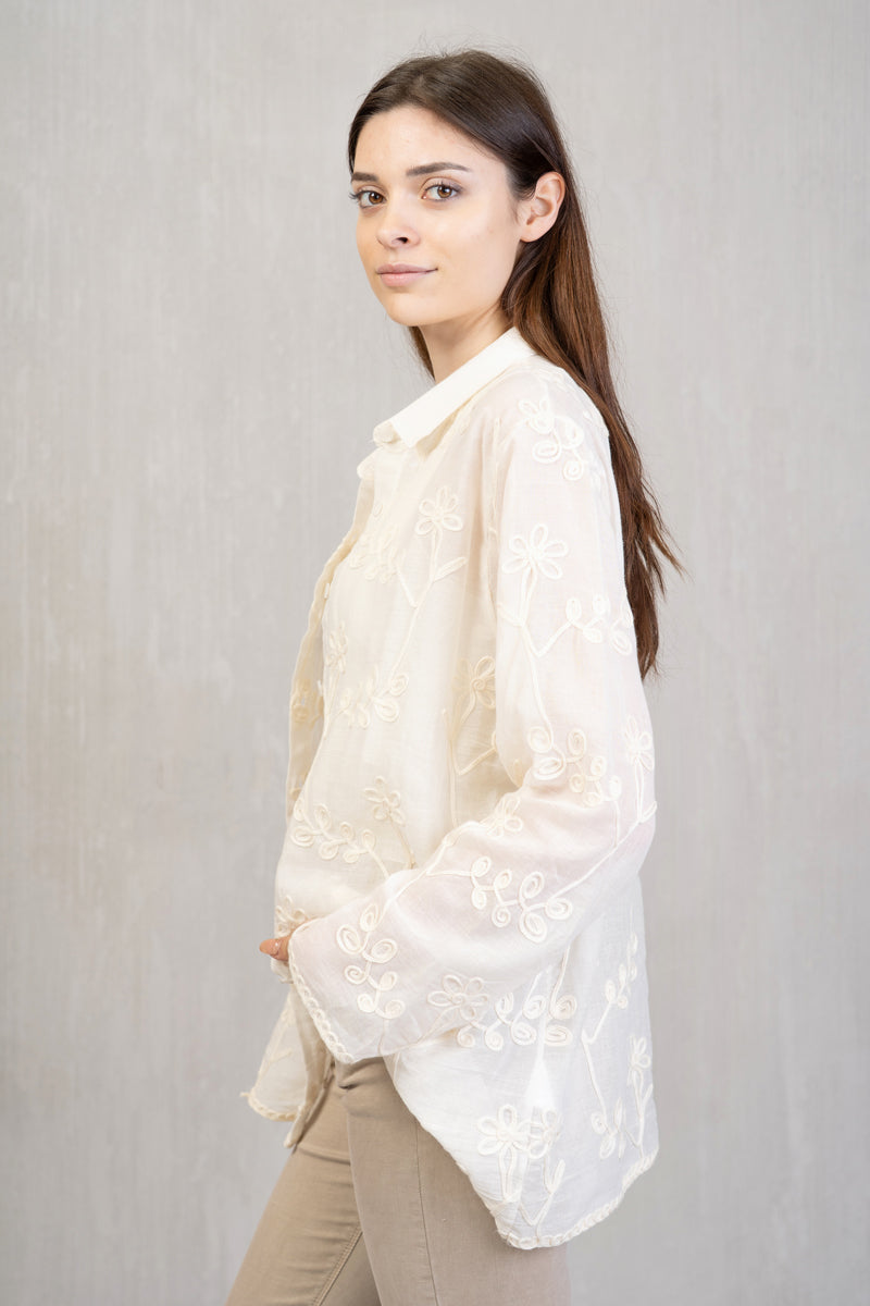 Camicia Ricamata in Cotone fiori e trecce