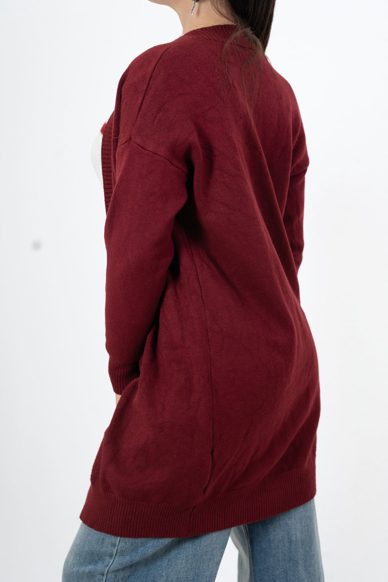 modella indossando Cardigan lungo misto viscosa con bordatura a coste colore