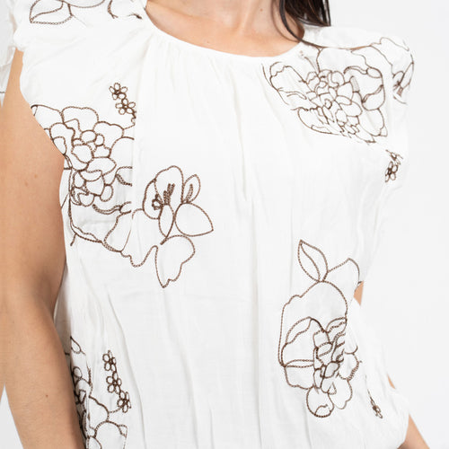 modella indossando Blusa ricamata in tencel con spalle ad aletta e fondo balloon colore Marrone Unica