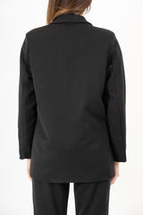 modella indossando Giacca aperta in poliviscosa con bavero lungo e fodera gessata – Nero colore