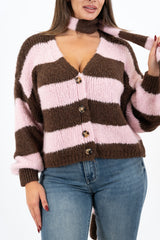 modella indossando Cardigan a righe in misto lana con sciarpa coordinata colore Rosa Unica