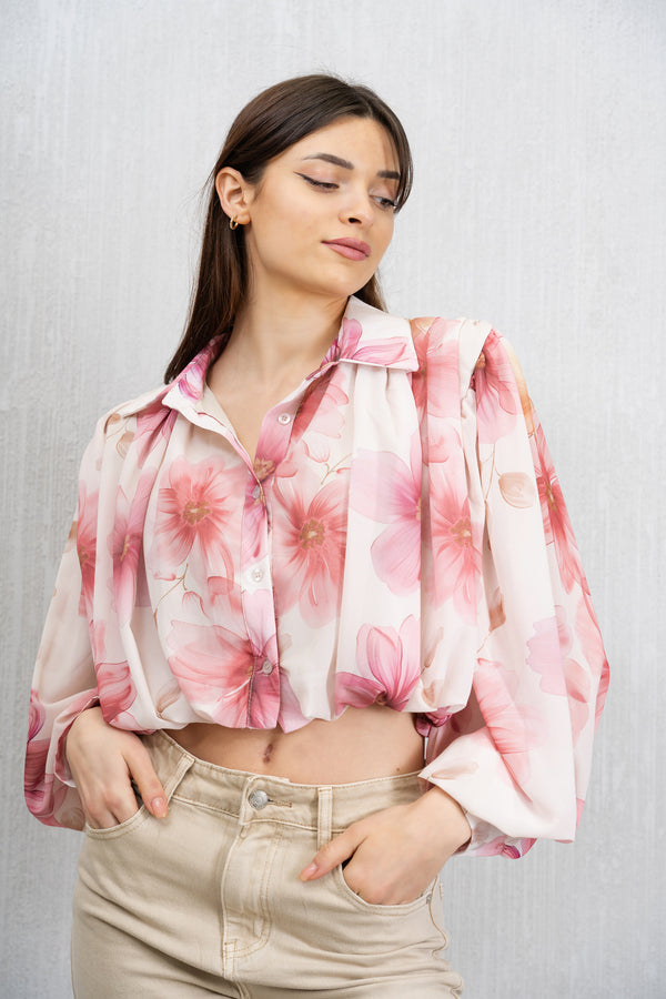 Camicia Crop in Georgette Fantasia Floreale Beige-Rosa