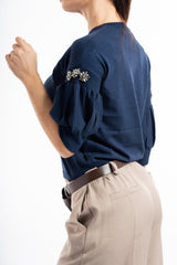 Maglia girocollo in viscosa con maniche a palloncino e applicazioni gioiello