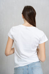 T-shirt Bianca Cotone Elasticizzato con Stampa Orsetto e Brillantini