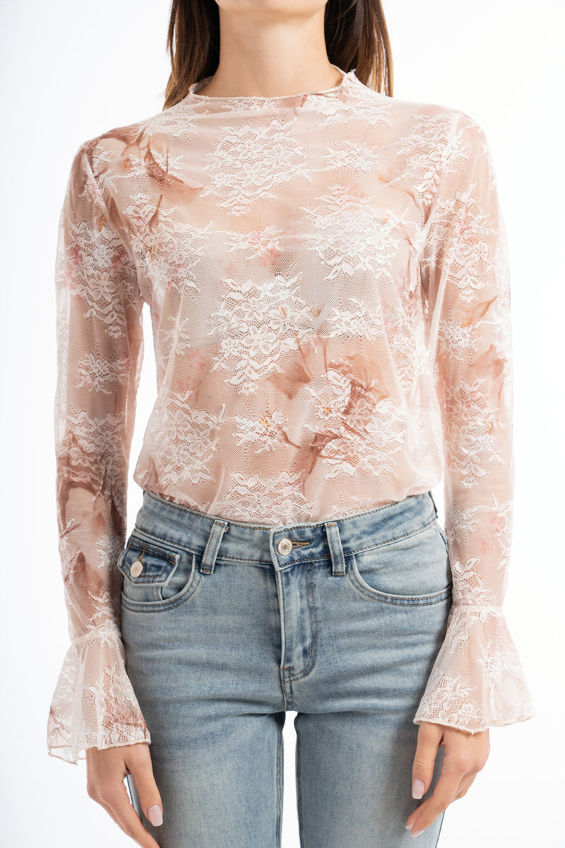 modella indossando Maglia in microrete elastica con stampa floreale effetto pizzo colore Beige Unica