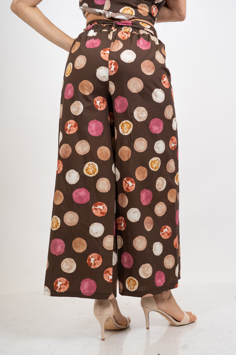 Pantalone wide leg in cotone fantasia pois acquerello.