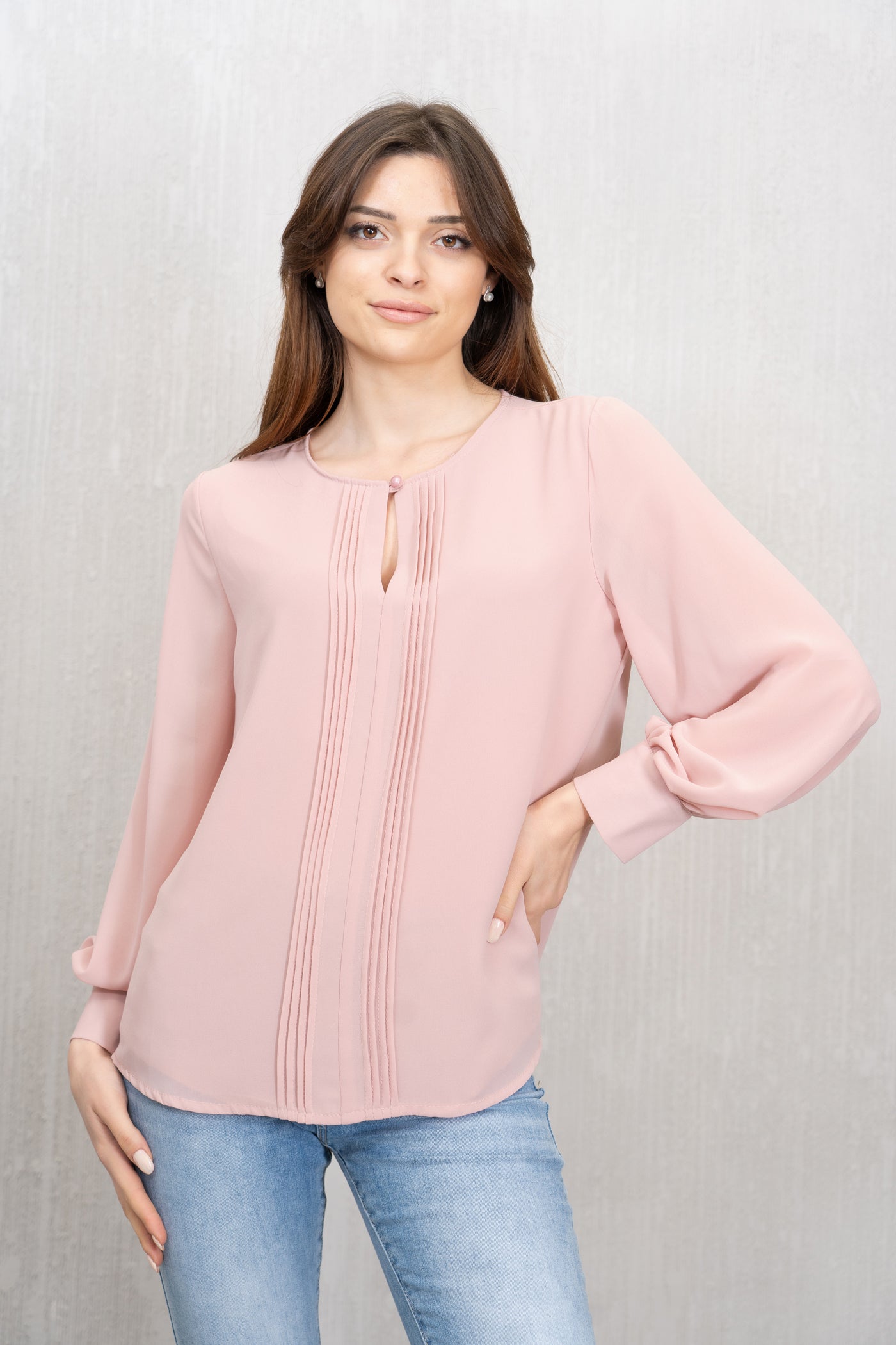 Blusa in georgette con pieghe frontali – Rosa Cipria