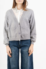 modella indossando Cardigan ampio con scollo a V e maniche a palloncino colore Grigio Unica