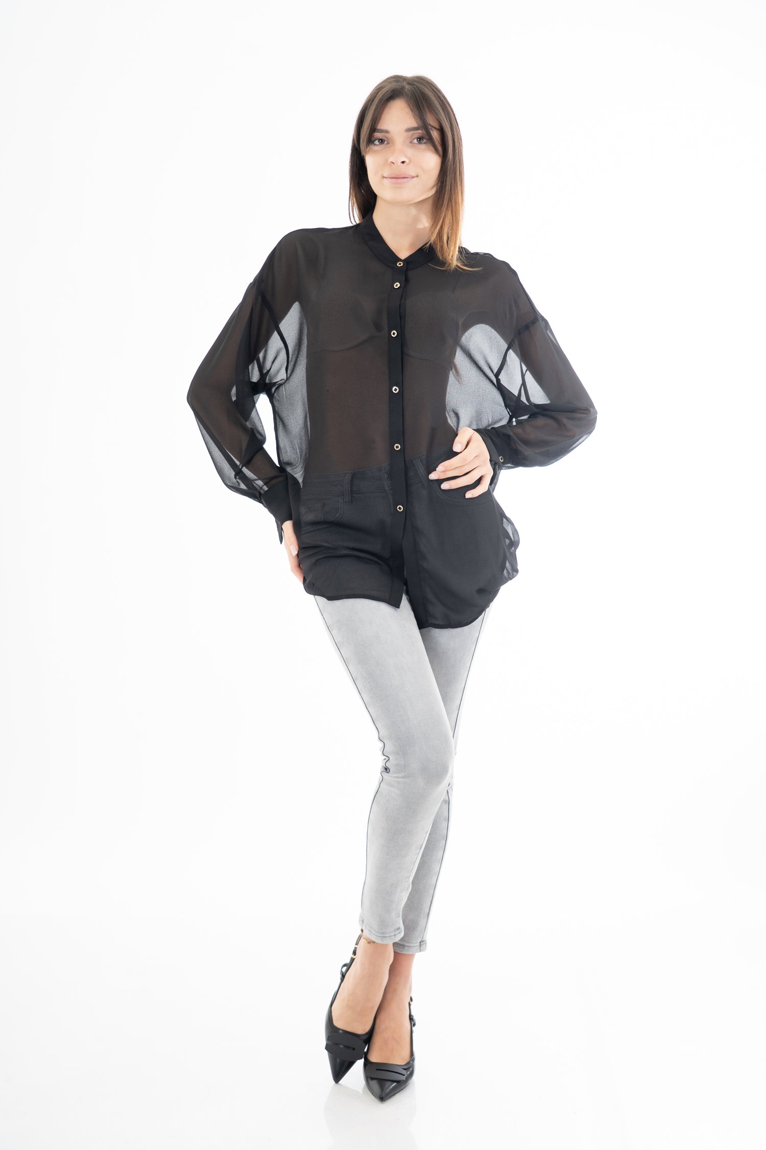 Camicia lunga in georgette velata con scollatura incrociata sul retro