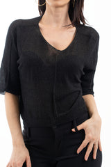 modella indossando Maglia ampia in viscosa con lurex e fondo elasticizzato colore Nero Unica