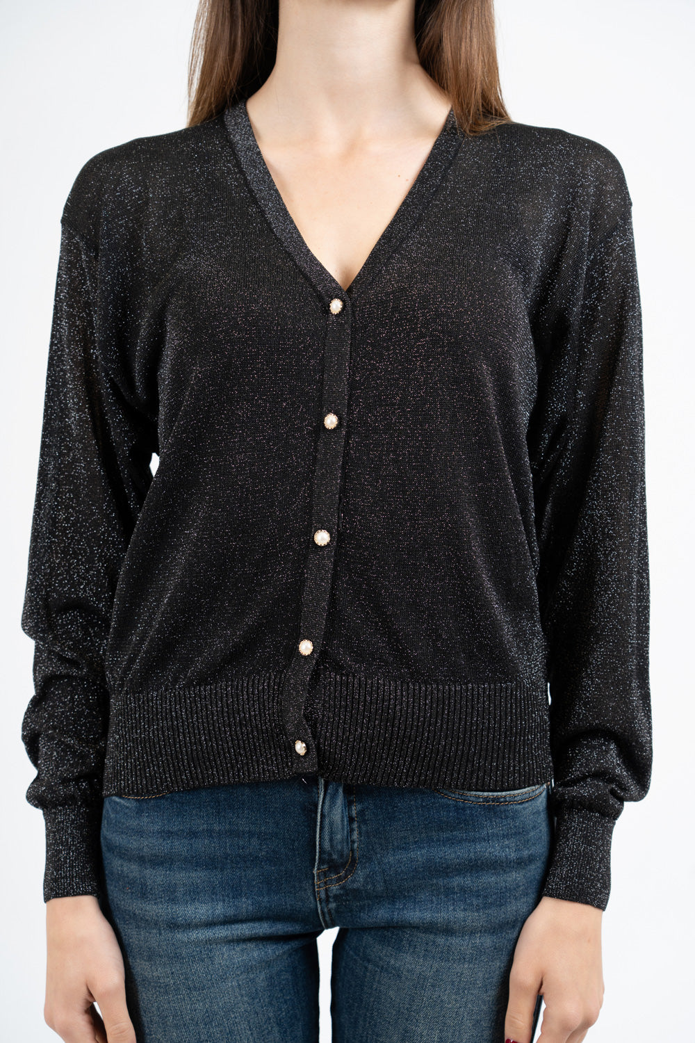 Cardigan in viscosa lurex con bottoni gioiello e scollo a V