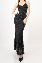 modella indossando Abito Sirena Shine – Lungo con Paillettes e Schiena scoperta colore Nero Unica