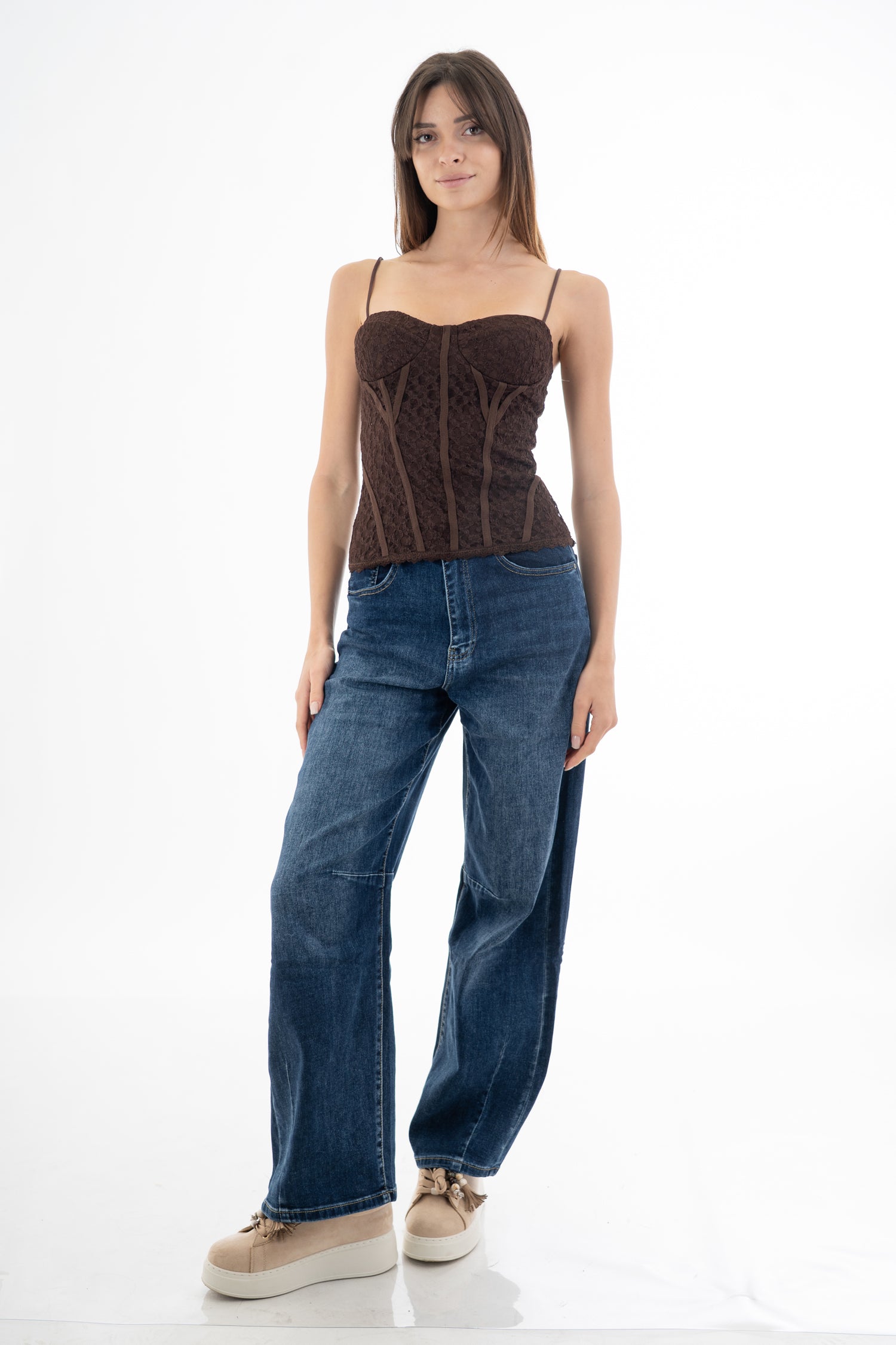 Jeans wide leg vita alta con tagli frontali in denim elasticizzato