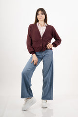 modella indossando Cardigan ampio con scollo a V e maniche a palloncino colore