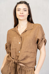 Camicia in lino con nodo e maniche risvoltate