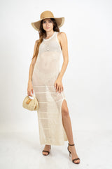 Abito rete crochet lungo con spacco in cotone.