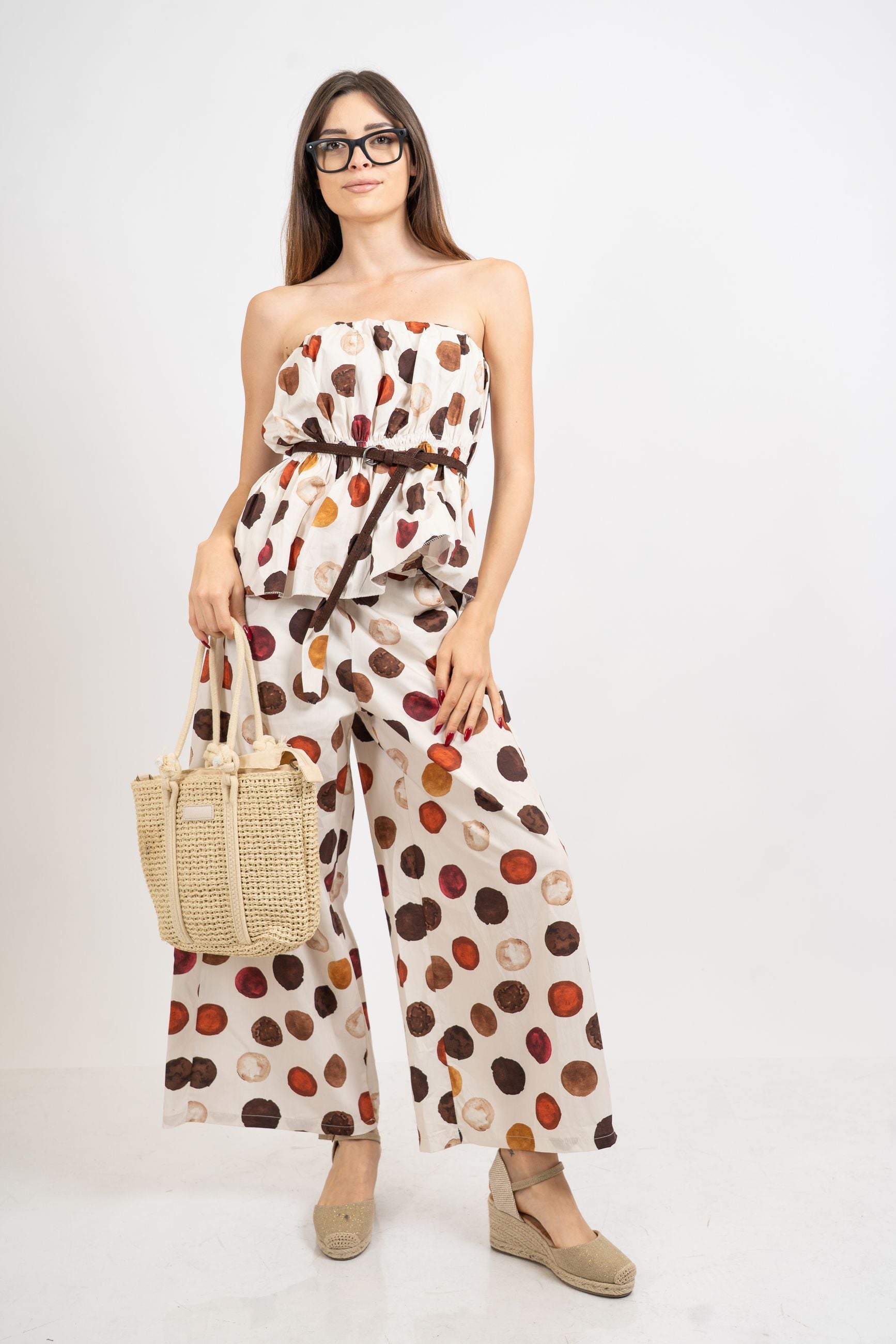 Pantalone wide leg in cotone fantasia pois acquerello.