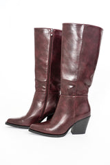 Stivali alti in ecopelle bordeaux con tacco 8cm e punta affusolata