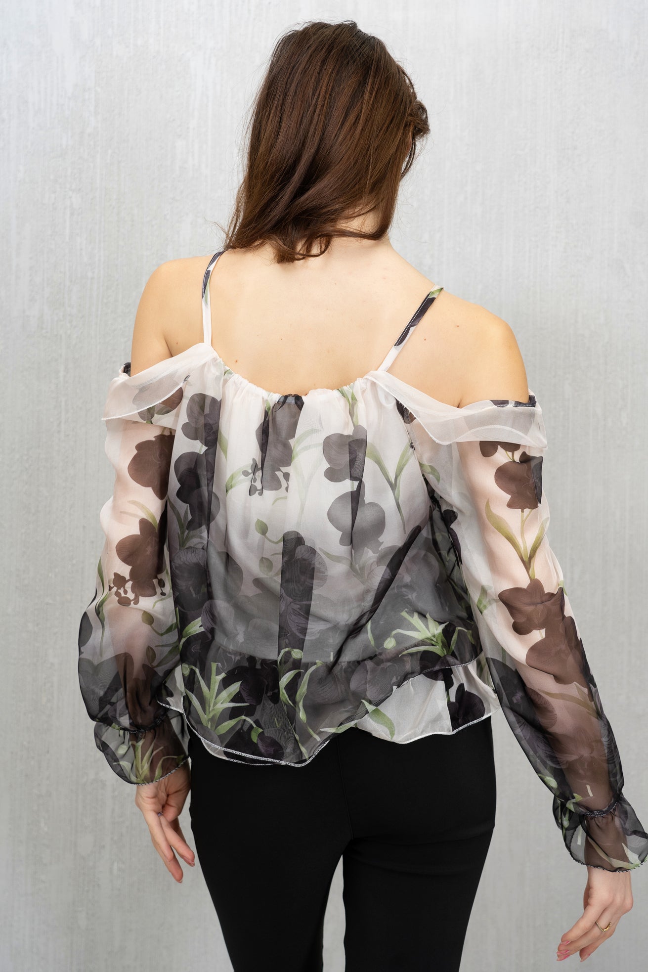 Blusa in chiffon floreale con fodera in viscosa Nera