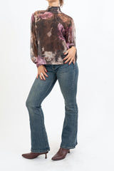 Blusa Sheer Bloom con Fiocco al Collo
