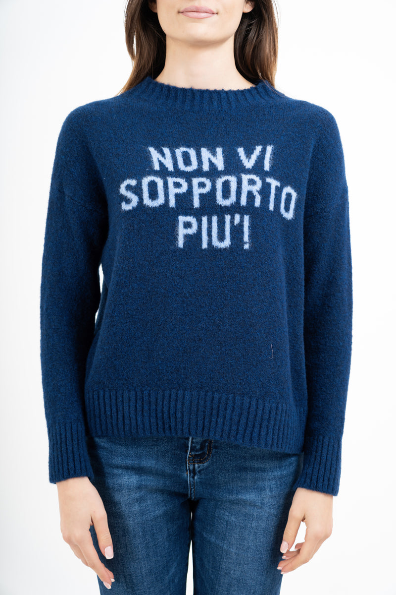 Maglione girocollo con scritta “Non vi sopporto più!” in misto lana Made in Italy