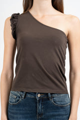 Top monospalla in cotone elasticizzato con rouge.