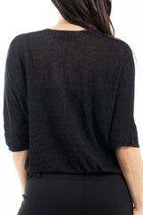 modella indossando Cardigan leggero in viscosa con lurex e manica 3/4 colore