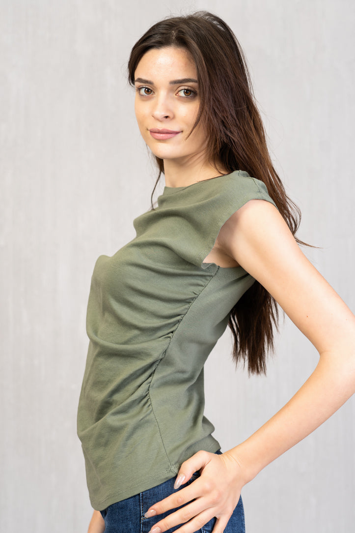 Maglia in cotone stretch con drappeggio laterale
